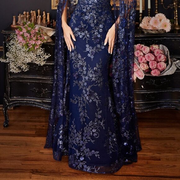 NEW LONG STRAPLESS OFF SHOULDER FITTED EMBROIDERED GOWN WITH LACE CAPE CD J834 - Picture 5 of 7